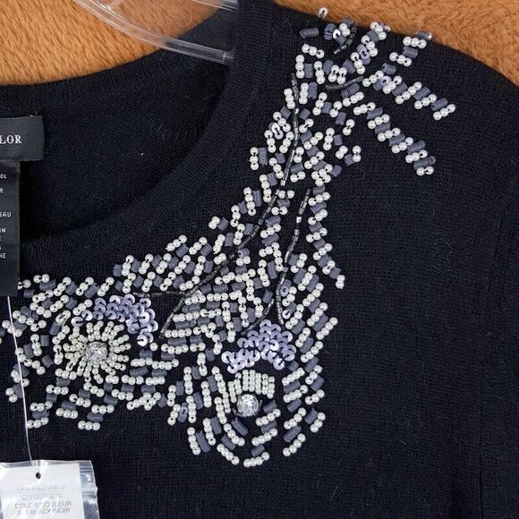 LORD & TAYLOR Womens Sweater Small Black Pullover Crew Beaded Rabbit Cashmere - Picture 2 of 8